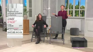 Woman shows off her combat boots and tights on an informercial