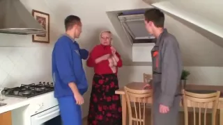 Naughty granny pleases two repairmen