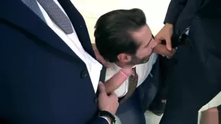 Muscle gay threesome with facial