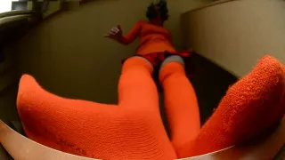 Giantess orange thigh high socks pov