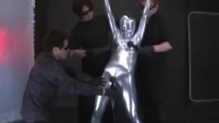 Silver fullbody suit and fierce orgasms with sex toys