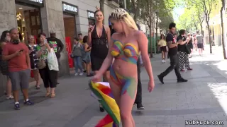 Huge tits painted blonde caned in public