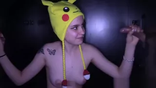Cute teen wearing Pikachu hat gets several anal creampies
