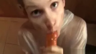 Hot! Brunette Lelu Love Sloppy Raincoat Condom Blowjob with