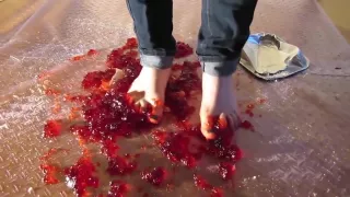 Crushing Jello and fruit barefoot