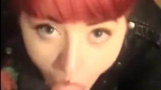 Leather jacket redhead blowjob