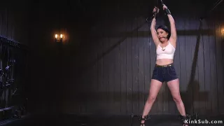 Brunette in metal device ass whipped