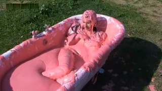 girl bath in slime with clothes