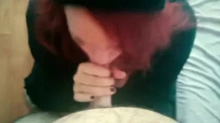 Redhead making blowjob then gets facial!