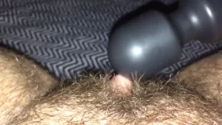 Close up of huge hairy ftm clit vibing & cumming