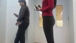 Following to hot sexy brunette's ass