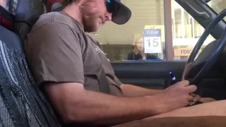 Horny guy bustin a nut at the bank hands free public cum