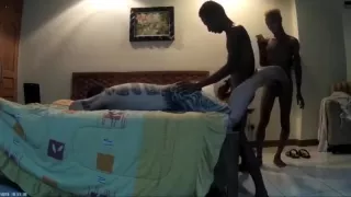 Tatooed daddy and two black twins