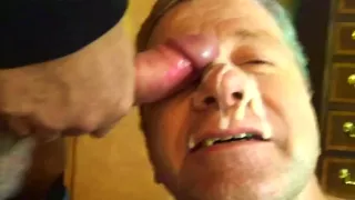 Slow motion video old faggot gets cum facial
