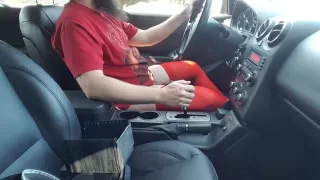 Driving and stroking in red stockings