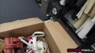 A hot blonde babe fucks a pawnmans bigcock in the office