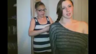 2 girls long hair braiding and tits flashing