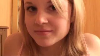 Cute blonde college girl strips and spread her pink pussy lips
