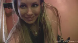 Blonde babe plays with her big tits