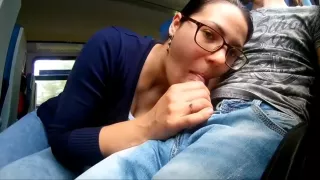Risky public blowjob swallow on train