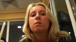 Slutty girl with golden hair gets dick in public toilet