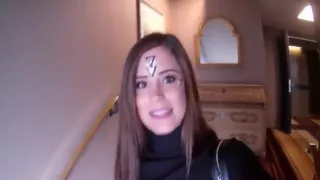 Horny brunette babe almost caught sucking cock at stairway