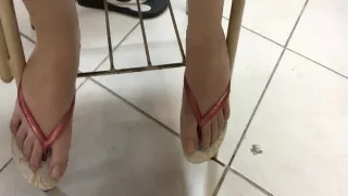 Candid college cute girl feet and toes in flip flops