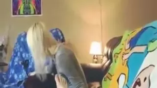 Blonde horny girl gets fucked from behind on the couch