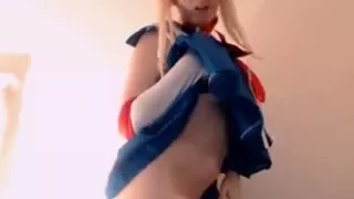 Sexy costplay babe fingering dildoing tight shaved pussy