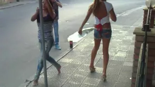 Hot Russian girls dancing on a street sign