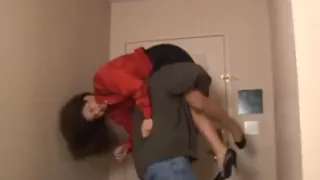 Red shirt woman in hotelroom