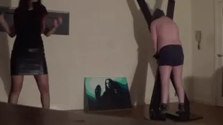 Hot Brunette Mistress whipping tied slave