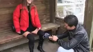 Babe getting fucked in clothes on a car's hood