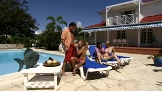 Foursome sex by the pool with two leggy chicks