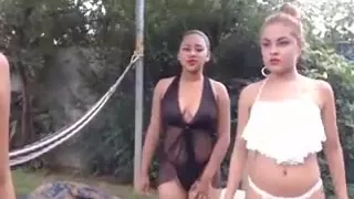 Four 18 yours gals make porn show outdoor