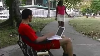 A beautiful black babe fucks a white dick.