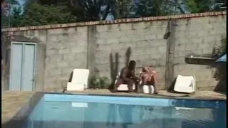 Outdoor threeway fuck with blonde shemale