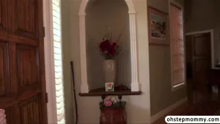 Horny lover fucking stops after step mom enters the room but she join