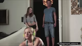 Two Blonde Stepmom and daughter sucking hard cock and get fuck behind