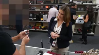 Busty business woman banged by pawn man in the backroom