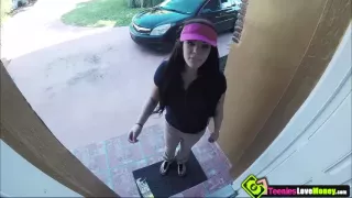 Pizza girl Kimber Woods spreading her legs to welcome a huge hard rock