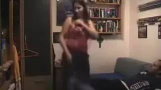 Lingerie chick strips down and sucks