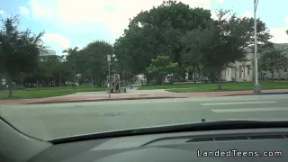 Busty blonde teen banging in the car in public