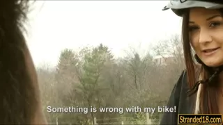 Slutty stranded teen Anina gets fucked by two dicks outdoor