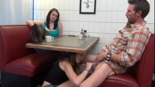 not daughter gives footjob and blowjob  under table wf