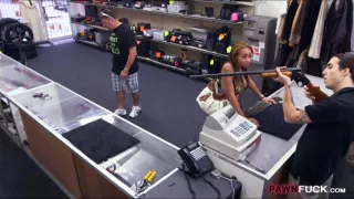 Busty biacth convinced to suck guys huge cock to earn cash