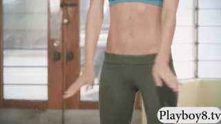 Three naked big tits babes yoga session with busty trainer