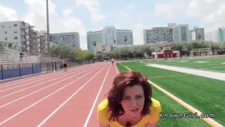 Hairy pussy redhead teen fucks in public toilet pov