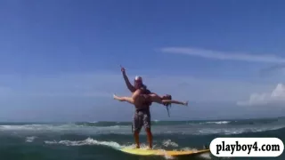 Big boobs babes strip naked and try out surf boarding