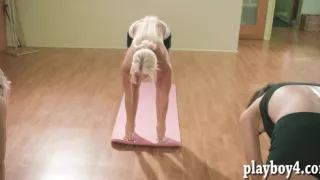 Huge boobs trainer yoga session with hot sexy girls